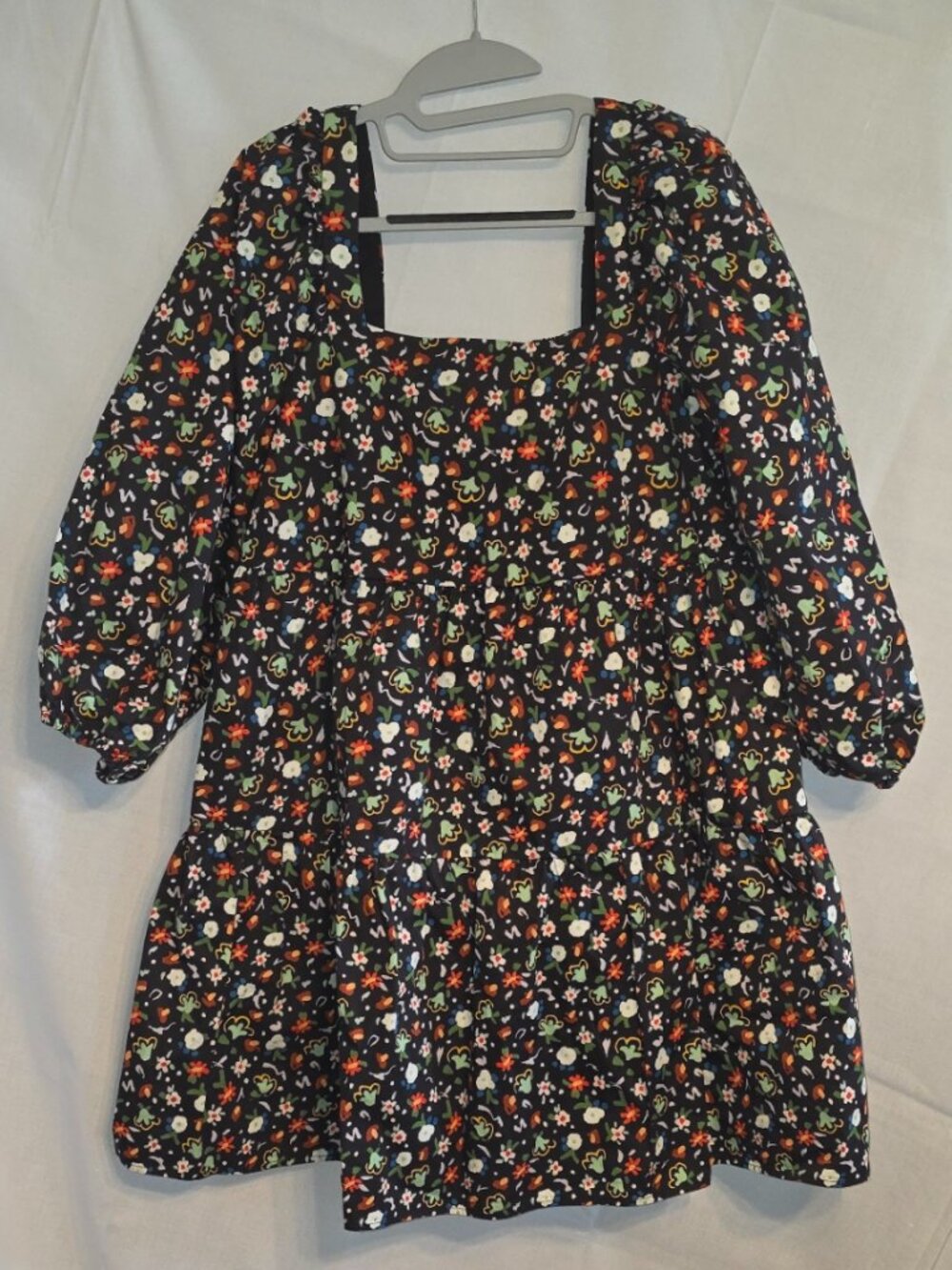 Crosby by Mollie Burch Black Mini Dress Floral Square Neck Sz L Boho Cottagecore